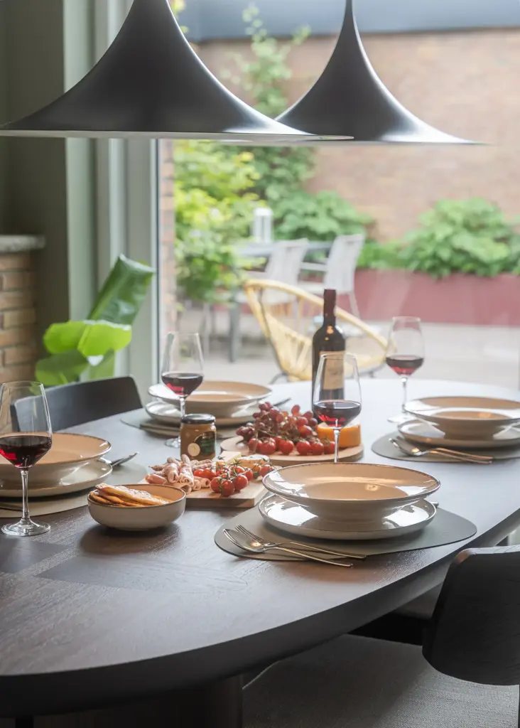 Esstisch mit Pendelleuchten im Homefy Airbnb Luxus-Bungalow in Ratingen | Interiorfotografie Alexej Titov